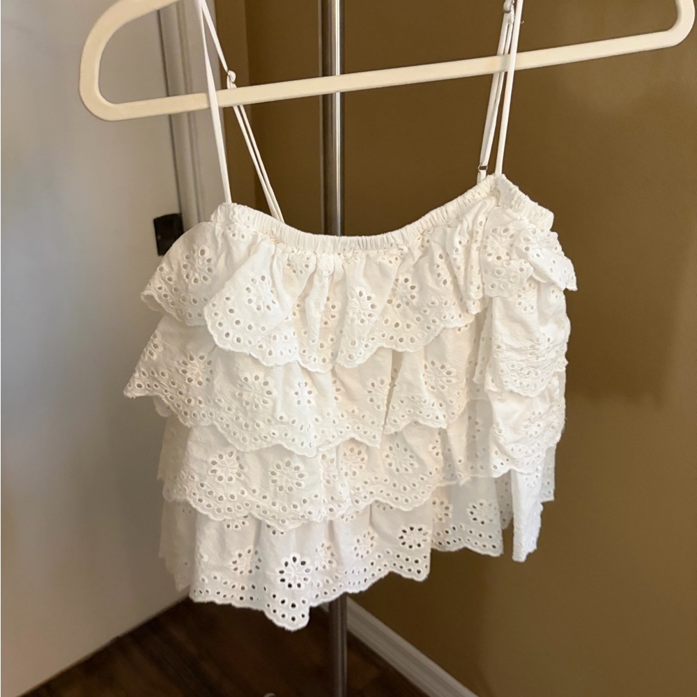 White Eyelet Ruffle Tank